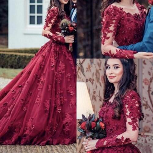 Arabic Burgundy Sheer Long Sleeves Lace Ball Gown Wedding Dresses 3D Floral Lace Applique Beaded Sweep Train Bridal Wedding