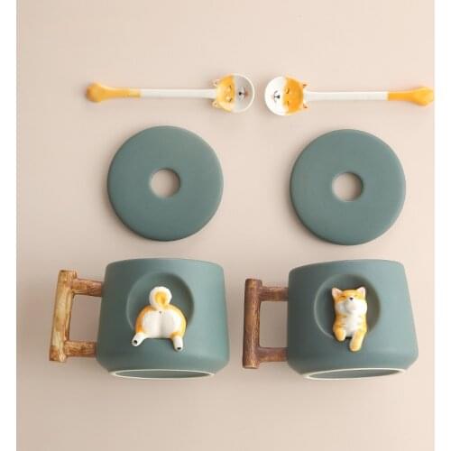Kawaii Cute Shiba Inu Ceramic Mug Set Nordic Mugs Coffe Cups Ceramic Travel with Lid and Spoon Gift for Children Lovers