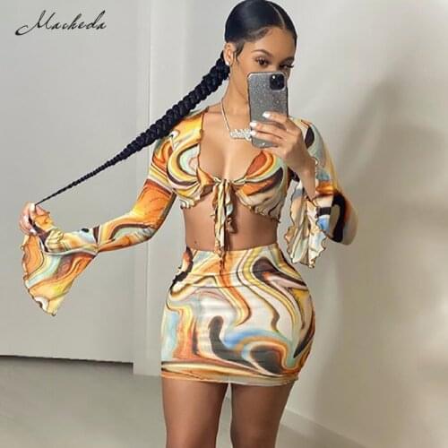 Macheda Summer Fashion Two Pieces Set Women Sexy Lace Up V Neck Flare Long Sleeve Top And High Waist Short Skirt Sets 2021 New