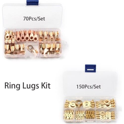 70/150Pcs Cold Naked Terminal Kit Non-Insulated Ring Lugs Eyes Copper Electrical Wire Circular Splice Crimp Cable Connector Kit