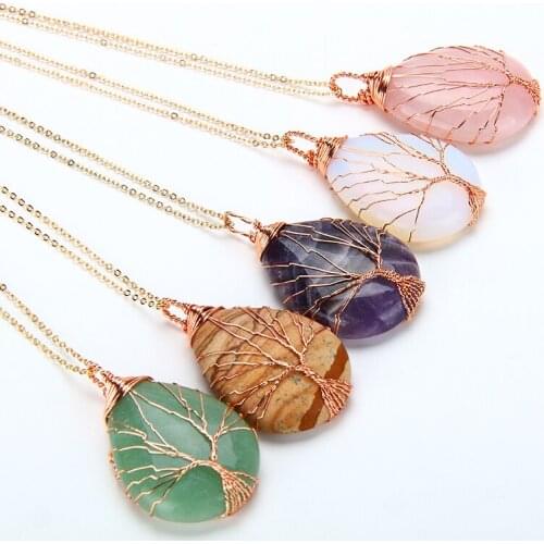 Natural Purple Quartz Opal Stone Pendants Handmade Rose Gold Color Tree Of Life Wrapped Drop Shaped Crystal Pendant Necklace