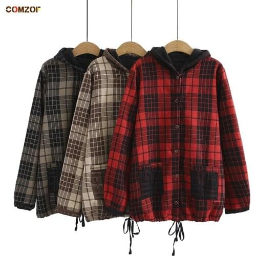 Autumn Winter Thick Women Shirts Plaid Long Sleeve Hooded Fleece Blusas Plus Size Lady Casual Tops Clothing Camisa Femenina 4XL
