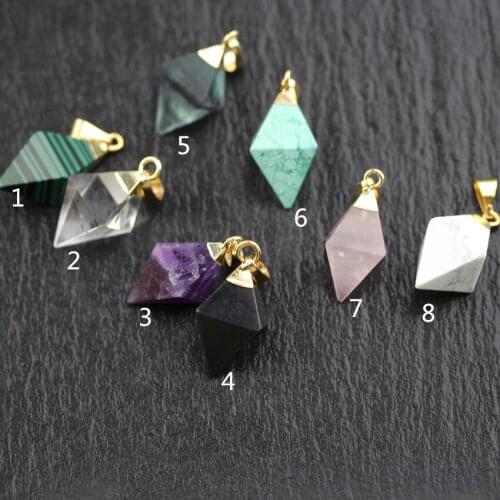 Natural Gem Stones Pyramid Rhombus Charms Pendant,Golden Plated Bail Healing Necklace Jewelry,10PCS