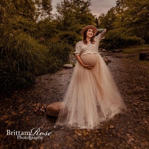 Evening Party Gown Beige Pregnant Clothes Baby Shower Dresses Photo Shoot Prom Maternity Couture Maxi Long Robe Photography Prop