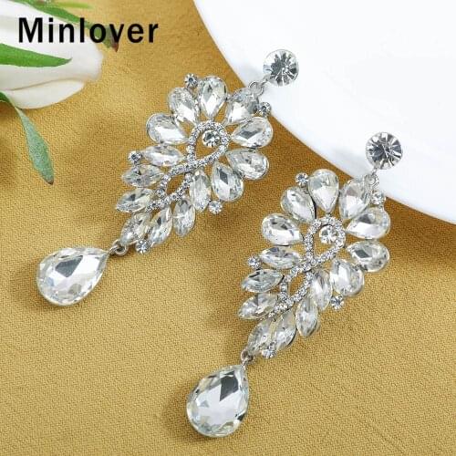 Minlover Gorgeous Silver Color ShiningLong Drop Crystal Wedding Earrings for Women Jewelry Bride Flower Pendant Earrings EH1736