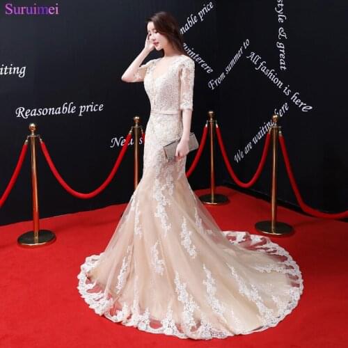 High Quality Half Sleeves Prom Dresses Light Champagne Lace Applique Sheer Illusion See Through Backless Marmaid Long Prom Gown