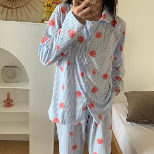 Women Spring Autumn Pajamas Suit Strawberry Casual Loose pajamas Long Sleeve Pant Female Nightgown Home Wear Two Piece Set