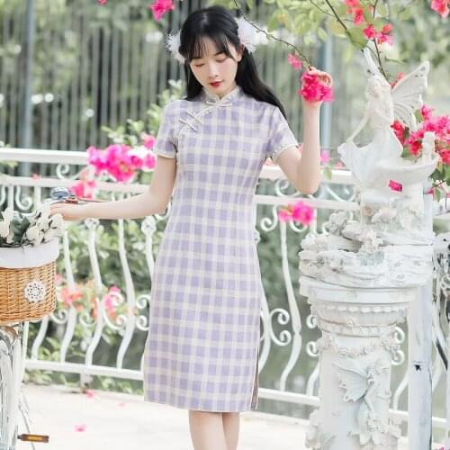 Modern Chic Girl Cheongsam Women Purple Gentle Lace Stitching Half-high Collar Retro ElegantLow Slit Slim Qiao Vestido de mujer