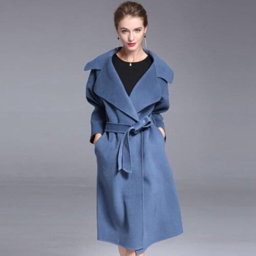 Winter Woolen New style Overcoat Female Double faced wool Haze blue Jacket Women warm Ladies Belt wear Loose Long Medium Coat