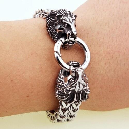 12mm High Quality Stainless Steel Silver Color Figaro Box Chain Double Lion Head Wristband Mens Bracelet Bangle 8.66inch Hotsale