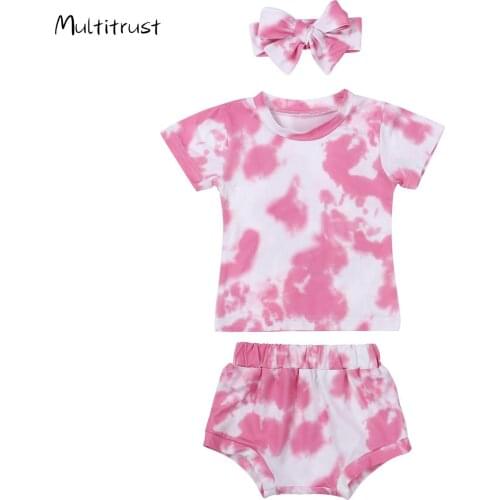 2020 Summer Girls Boys Tie-Dye Printed Clothes Sets 0-24M Short Sleeve T Shirts Tops +Shorts +Headband 3pcs