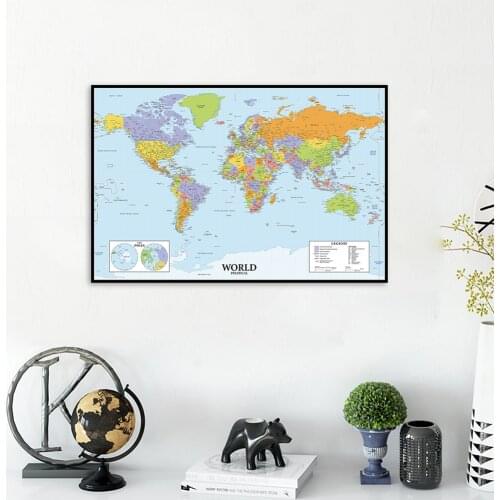 60*40cm The World Map with Details In English Spray Canvas Painting Wall Art Poster School Supplies Living Room Home Decor