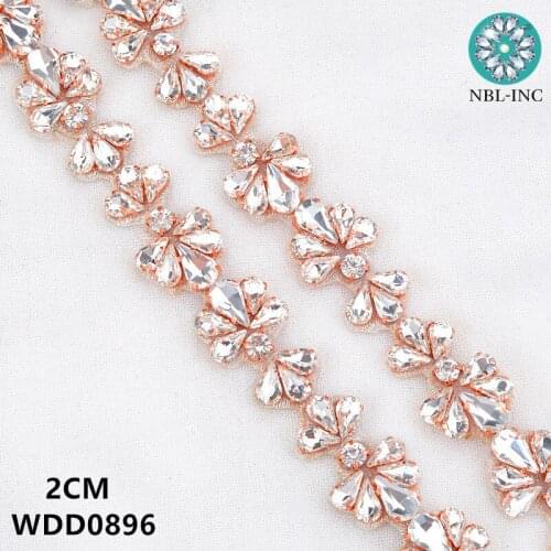10 yards Silver rose gold rhinestone bridal beaded crystal applique trim for wedding dress WDD0896