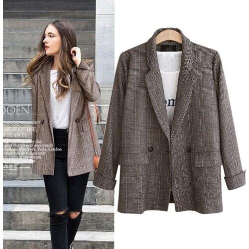 Autumn Women Plaid Blazers Jackets Formal Work Office Lady Suit Jacket Loose Notched Business Female Blazer Coat plus size