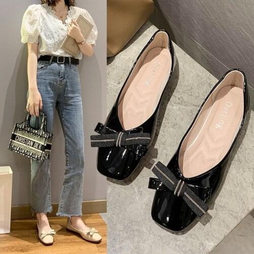 Spring Autumn Women Slip on Flat Shoes Square Toe Boat Shoes Female Patent Leather Ballet Flats Bow Loafers zapatos mujer 8218L