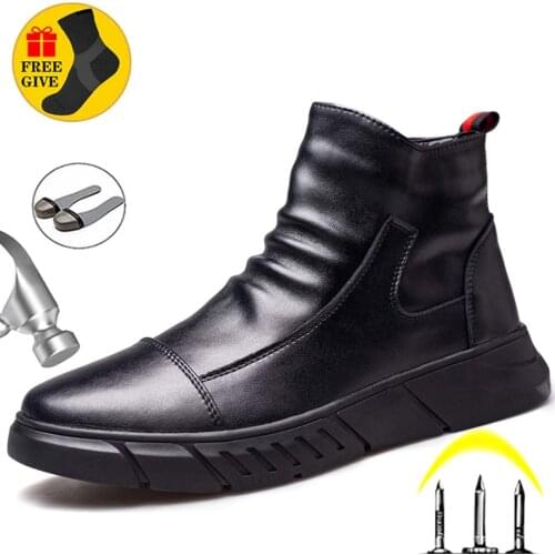Genuine Leather Mens Boots Safety Shoes Men Chelsea Boots Steel Toe Shoes Work Sneakers Indestructible Shoes Security Boots