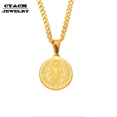 CY&CM Hip Hop Saint Benedict Pendant Chain Flat Round Stainless Steel Trendy Rock Punk Catholicism Necklace Men Jewelry Gift