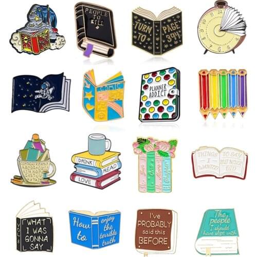 The sea of books Enamel Brooch Magic Book rainbow astronaut diary pencil teacup Lapel Pin Reading time Clock Custom Badge