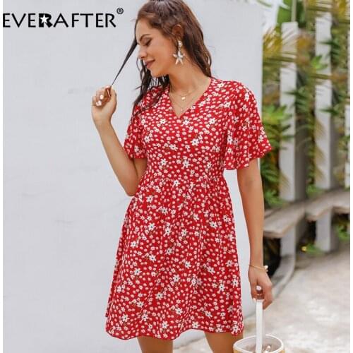 EVERAFTER Summer boho floral print dress women short sleeve ruffles loose V-neck chic holiday casual beach mini dress feminina