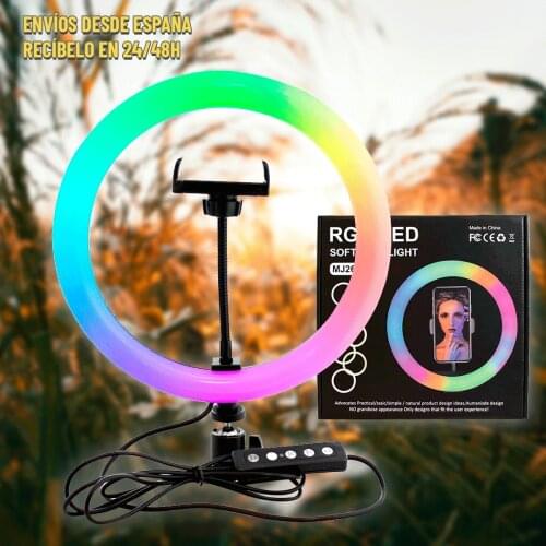 RGB LED light hoop, with adjustable support for mobile. Model MJ26. Color temperature. Light Ring for makeup Tik To