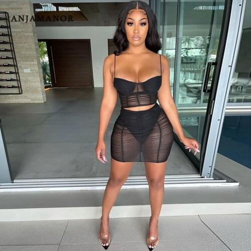 ANJAMANOR Sexy Two Piece Set Women Skirt Clubwear Black Sheer Mesh Bodycon Mini Dress Sets Rave Wear Wholesale Items D42-DB17