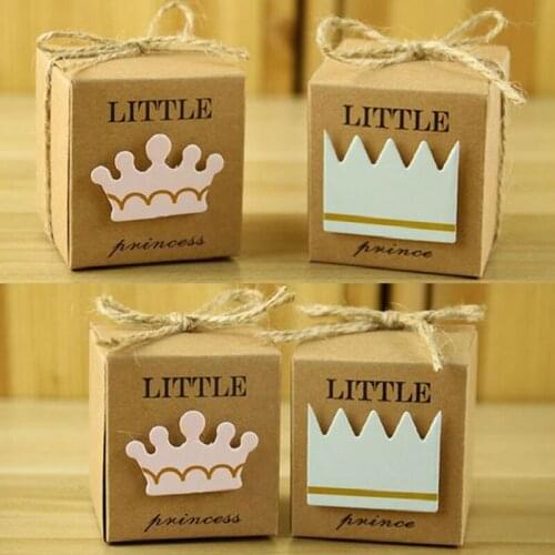 50pcs Little Prince Princess Kraft Paper Candy Box With Rope Bow Pack Birthday Girl Baby Shower Favors Kids Gifts For Guest