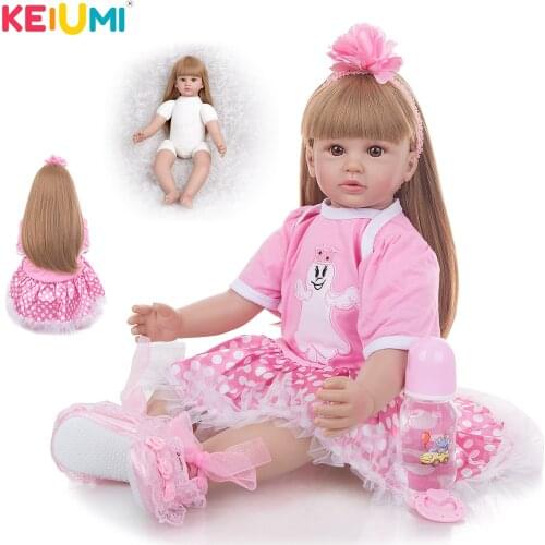KEIUMI Straight Golden Hair Reborn Baby Dolls Pink Princess 60 CM Soft Silicone Newborn Tollder Doll Toys Kids Birthday Gift