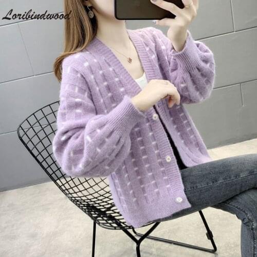 Loribindwood Short Sweater Coat Ladies Loose Autumn Clothes 2021 New Small V-neck Blouse Spring and Autumn Knitted Cardigan