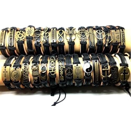 MixMax 20PCs/Lot Top Mens Womens Fashion Metal Leather Bracelets Handmade Mixed Styles Black Punk Jewelry Cuff Wholesale