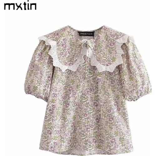 MXTIN 2021 Women Summer Fashion Floral Print Bow Tie Blouses Vintage Lapel Collar Puff Sleeve Female Shirts Casual Blusas Tops