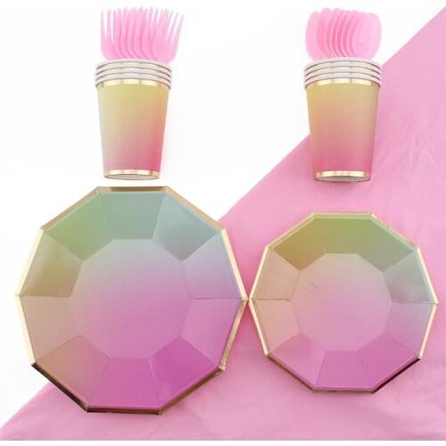 41Pc/Set Polygon Pink Gradient Theme Disposable Tableware Birthday Decoration Baby Shower Napkin Plate Tablecloth Party Supplies