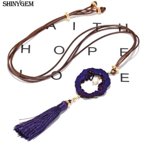 Irregular Natural Crystal Druzy Stone Pendant Necklace With Pearl Tassel Adjustable Rope Sweater Chain Necklace For Women Gift