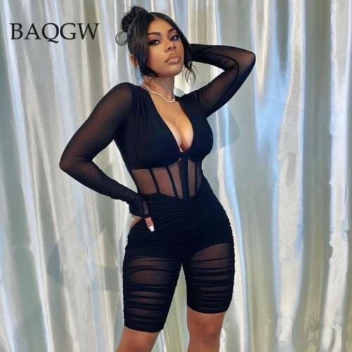 Mesh Sheer Sexy Jumpsuit Womens Clothing Fashion Long Sleeve Rompers Hollow Out Sexy Pleated Shorts Slim Playsuits Club Outfits