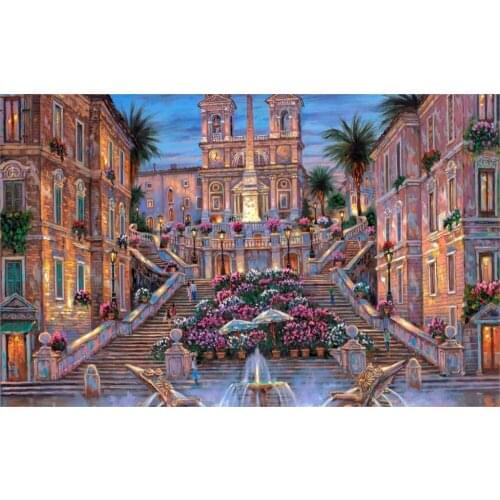24X36 INCH / ART SILK POSTER / Paintings R The Spanish Steps Italy Rome stairs fountain flowers palm trees night
