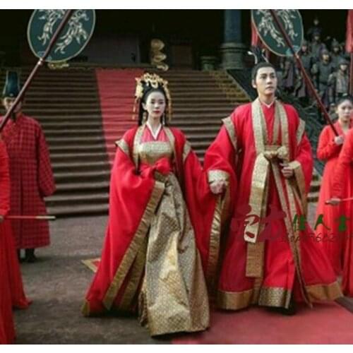Red Couple Wedding Costume for Bride and Groom Hanfu for Newest TV Play Zui Ling Long Print Chiffon Drama Costume Hanfu
