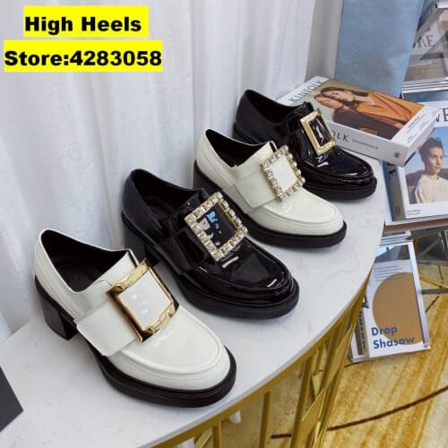 Casual Designer Fashion Women Pumps Black Genuine Patent leather Round Toe Thick High heels stiletto stripper Woman shoes