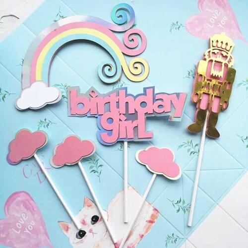 New Rainbow Happy Birthday Cake Toppers Blue Pink Birthday Cupcake Topper for Kids Birthday Party Cake Decorations