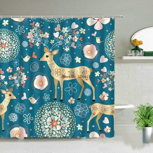Elk Deer Animal Shower Curtain Set Forest Tree Plant Scenery Bathroom Waterproof Fabric Bathtub Decor Hanging Curtains With Hook