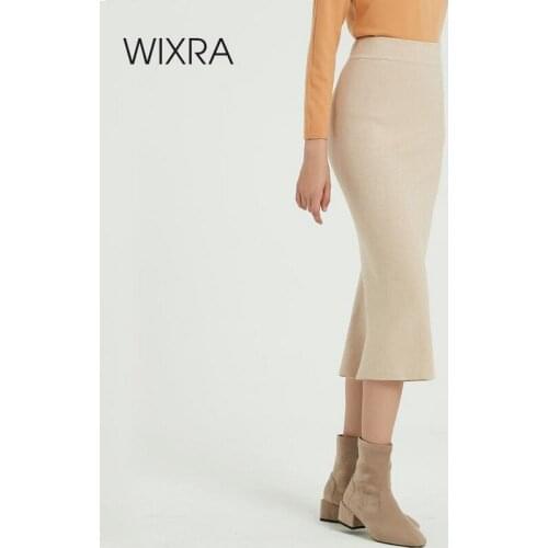 Wixra 2019 New Solid Pencil Skirts Elegant High Waist Mid-Calf Split Skirt Ladies Bottom Autumn Winter