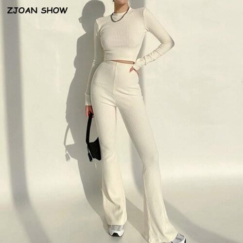 2021 Spring Vintage Knitting Long Sleeve Tee Shirt Sexy Women Package hips Flare Pants Trousers Crop Sweater 2 Pieces Set