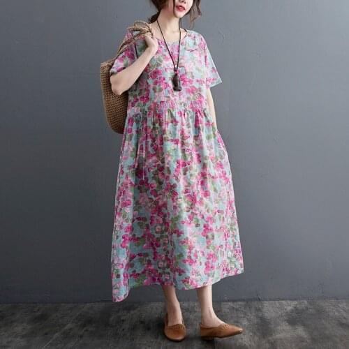 Women Summer Cotton Linen Casual Dress New Arrival 2021 Vintage Style O-neck Floral Print Loose Female A-line Long Dresses B058