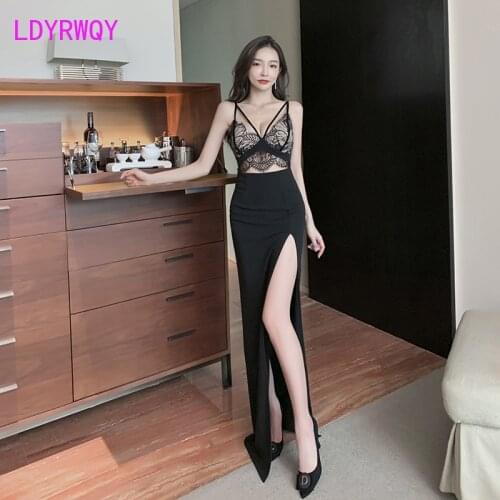 LDYRWQY 2021Sexy low-cut lace stitching sling womens fashion temperament slit tight-fitting hip mopping dress