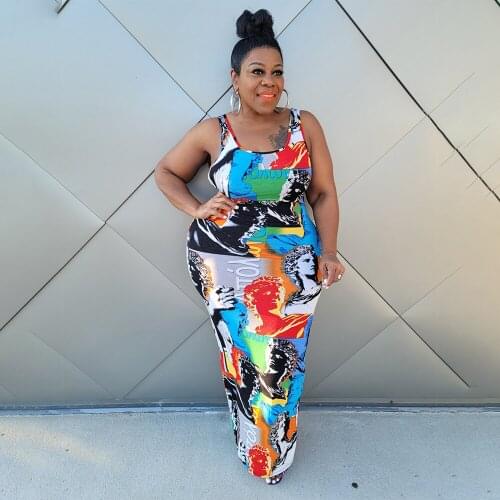Plus Size Summer Dress Sexy Sleeveless Vest Collar Fashion Printed Long Dress Female Casual Streetwear XL-5XL