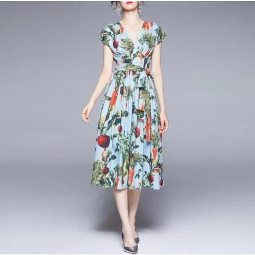 IVY HE Summer Womens Dress 2021 Sicily Vintage Elegant Print V-Neck Raglan Sleeves A-Line Party Dresses Traf Robe ZA Long Dress