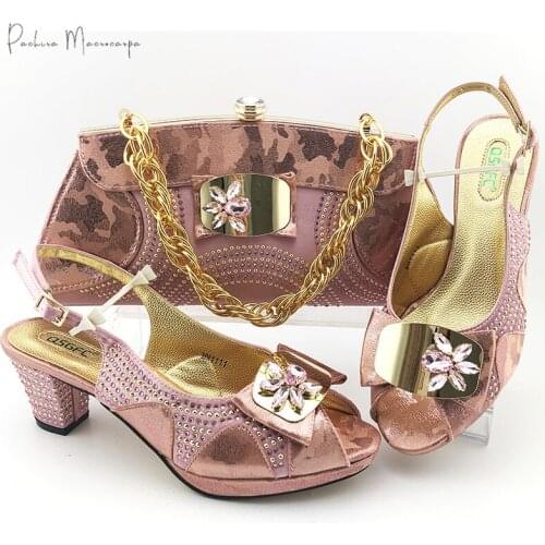 2021 Italian Design NIgerian Fashion Style Party Ladies Shoes and Bag Set With Crystal and Metal Decoration in Pink Color