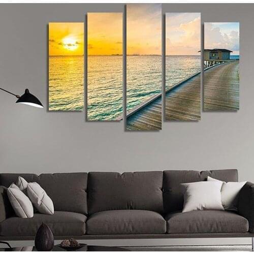 5 Pieces Wall Art Canvas Painting Seascape Poster Wooden Pier In The Sea At Sunset Home Living Room Decoration Picture