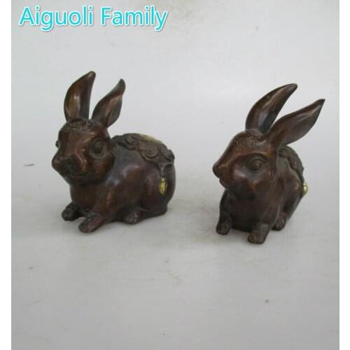 AAA+Rare 1 Pair Chinese Old Copper Carved Rabbit Statue/Metal Sculpture For Home Feng Shui Decoration Antique Collection