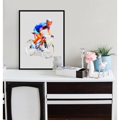 Abstract Geometrical Polygonal Cyclist Canvas Art Print Wall Pictures , Cycling Canvas Painting Poster Wall Decor