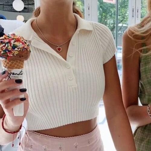 Brandy Tshirts Cotton Women Summer Short Sleeve Crop T Shirt Ladies Turn-Down Collar Solid White Tee Shirt