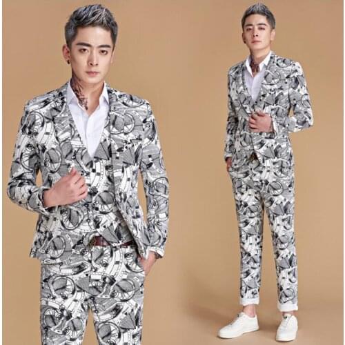 Printing clock groom wedding suits for men blazer boys prom mariage suits fashion slim masculino latest coat designs singer